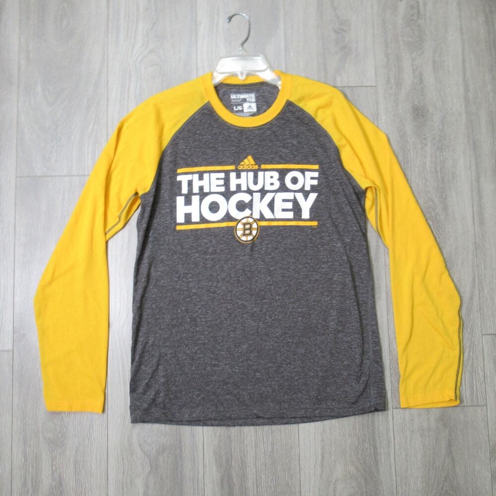Adidas Ultimate Tee Top L Boston Bruins NHL Hockey Gray Yellow Pullover Crew LS